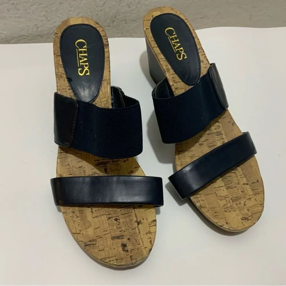 Chaps Womens Wedge Sandals Size 8.5 Black Elastic Arch Strap